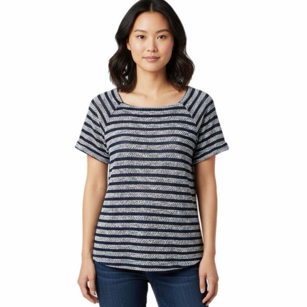 Limited Women's Knit Top S Blue & White Striped Drawstring Blouson Short Sleeve